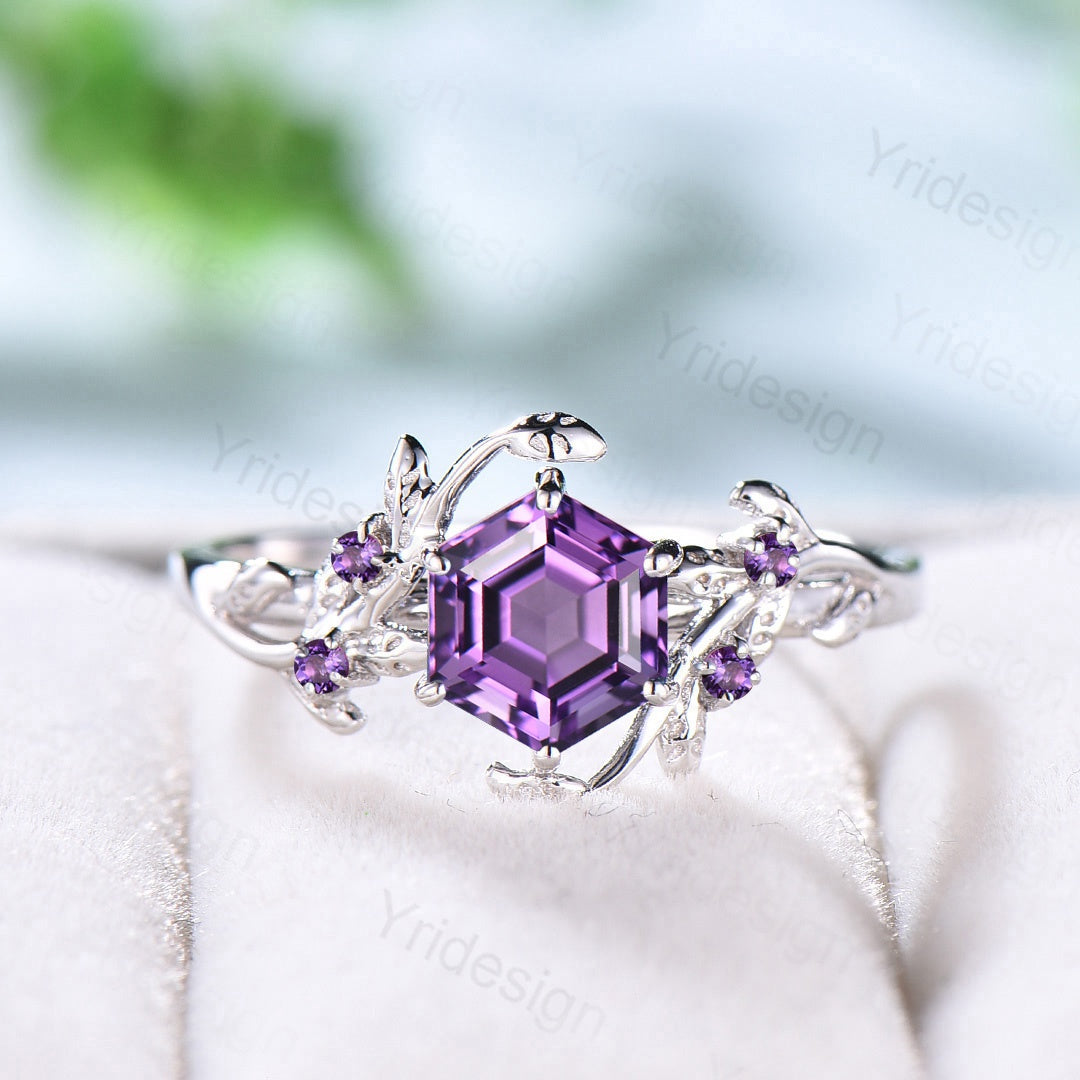 Hexagon cut amethyst engagement ring leaf vine bridal ring