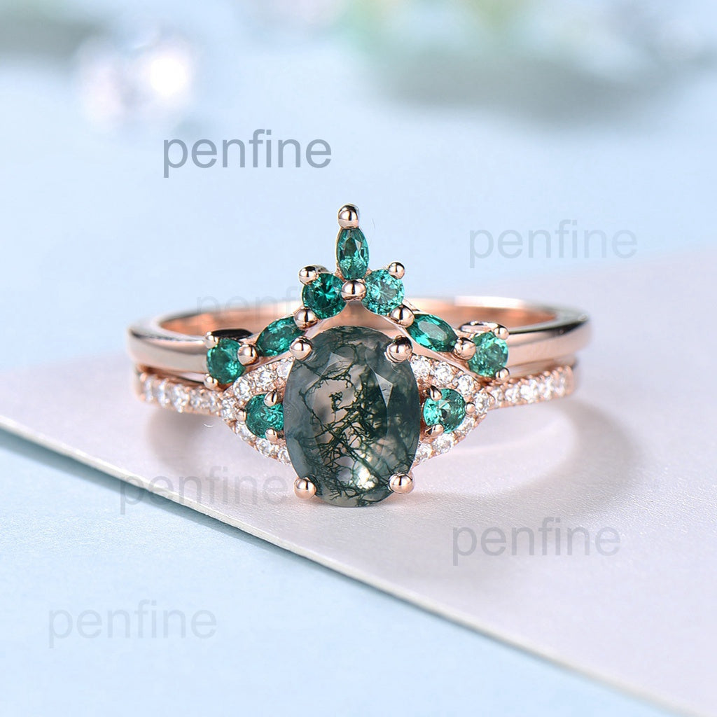 Elegant moss agate ring set vintage green stones wedding ring women Unique moss agate engagement ring bridal set emerald anniversary gift - PENFINE