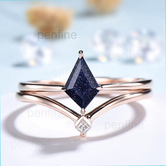 Galaxy Kite Cut Blue Sandstone Wedding Ring Set Art Deco Star Blue Stone Engagement Ring Ret For Women - PENFINE