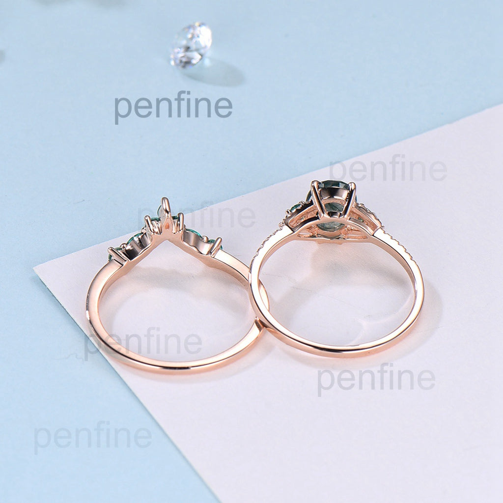 Elegant moss agate ring set vintage green stones wedding ring women Unique moss agate engagement ring bridal set emerald anniversary gift - PENFINE