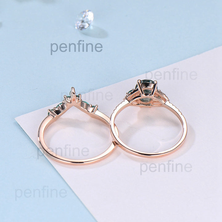 Elegant moss agate ring set vintage green stones wedding ring women Unique moss agate engagement ring bridal set emerald anniversary gift - PENFINE