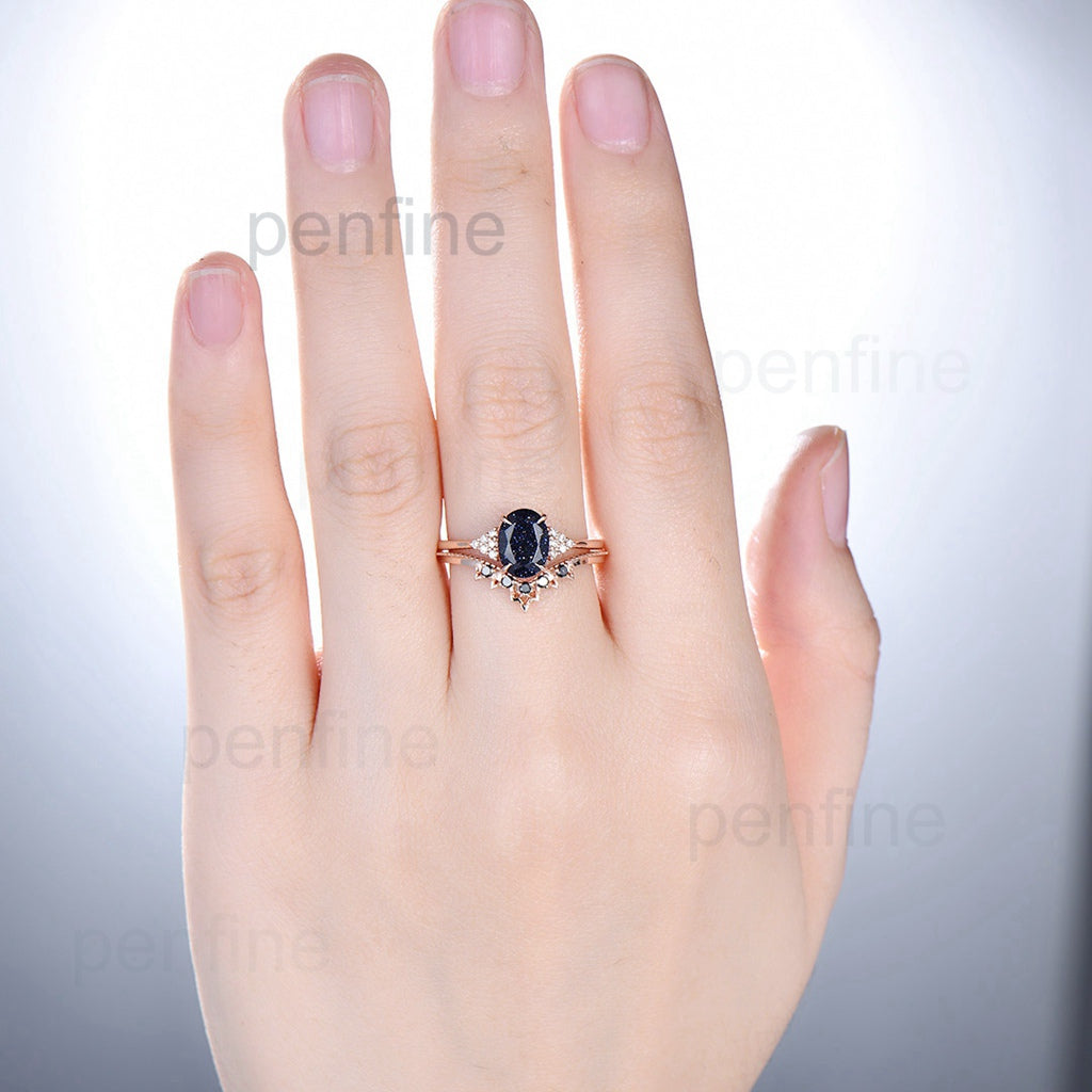 Oval blue sandstone engagement ring set cluster moissanite Galaxy vintage unique wedding ring black diamond promise ring for women - PENFINE
