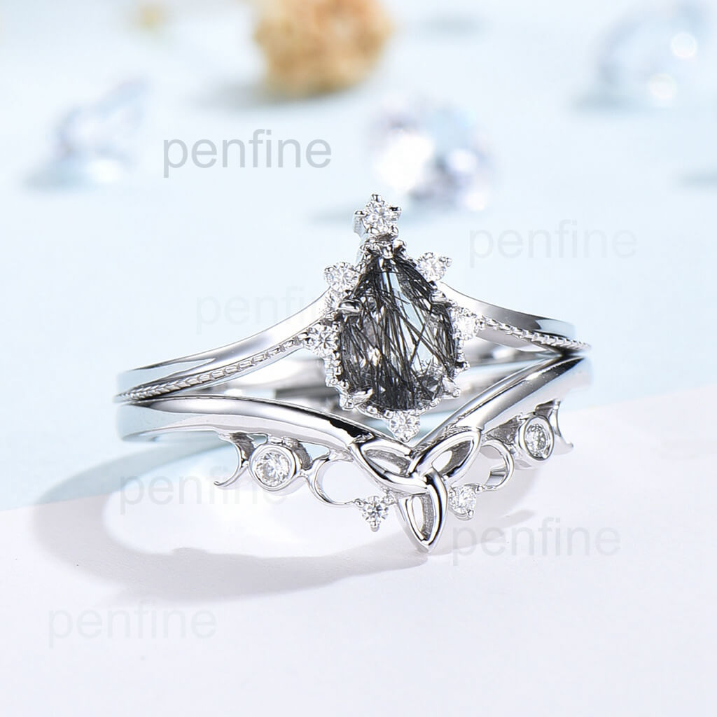 black rutilated quartz engagement ring set