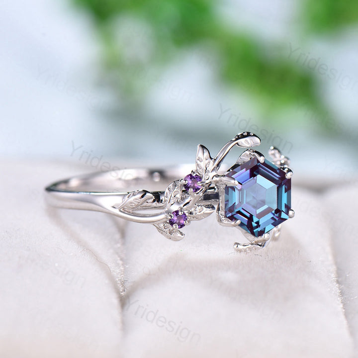 Alexandrite and amethyst Ring Vintage Hexagon Alexandrite engagement ring Unique six prongs bridal ring for women leaf vine promise ring - PENFINE
