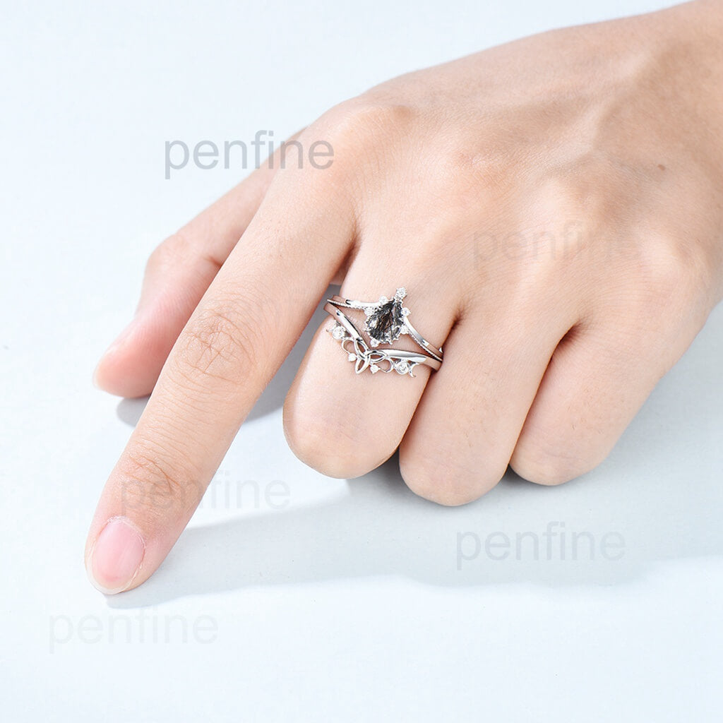 Art Deco Black Rutilated Quartz Engagement Ring Set Vintage 2pcs - PENFINE