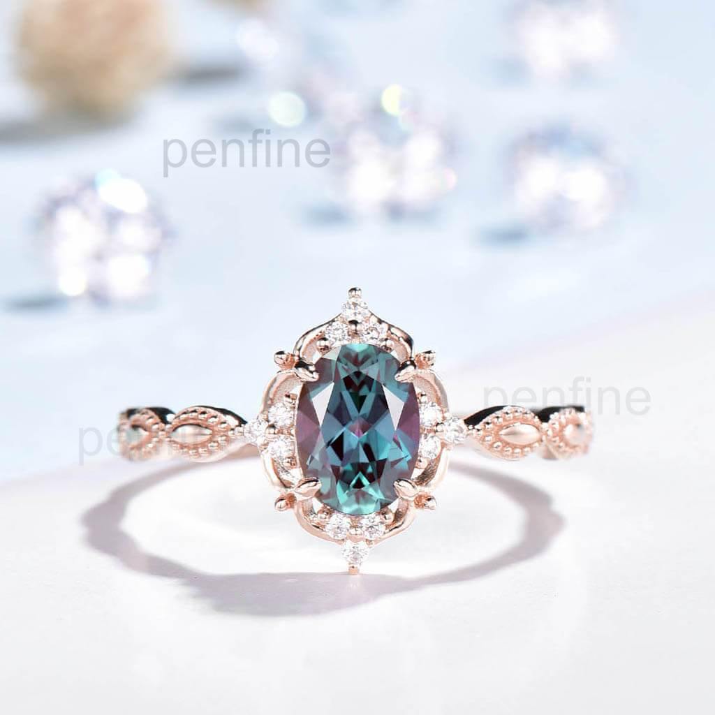 Vintage Alexandrite Milgrain Diamond Engagement Ring Rose Gold - PENFINE