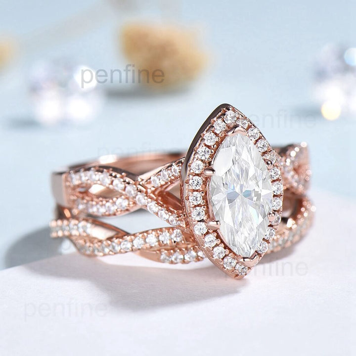 2pcs Marquise cut moissanite ring set | infinity forever engagement ring set rose gold | Unique twisted wedding bridal anniversary gift - PENFINE
