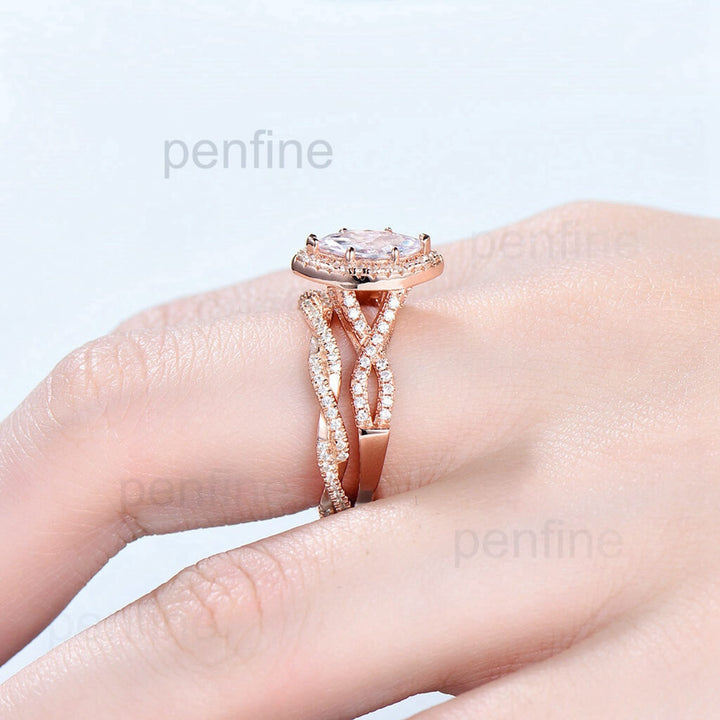 2pcs Marquise cut moissanite ring set | infinity forever engagement ring set rose gold | Unique twisted wedding bridal anniversary gift - PENFINE
