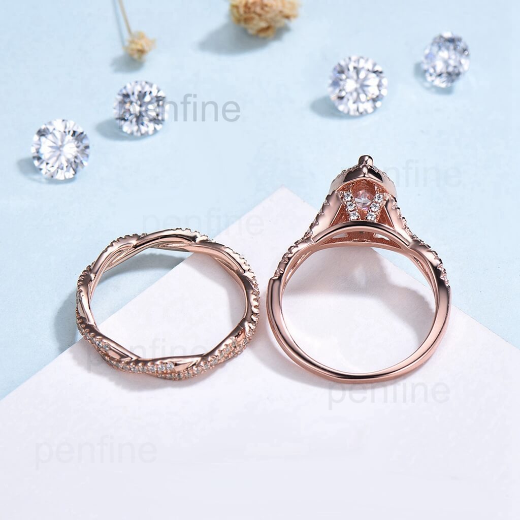 2pcs Marquise cut moissanite ring set | infinity forever engagement ring set rose gold | Unique twisted wedding bridal anniversary gift - PENFINE