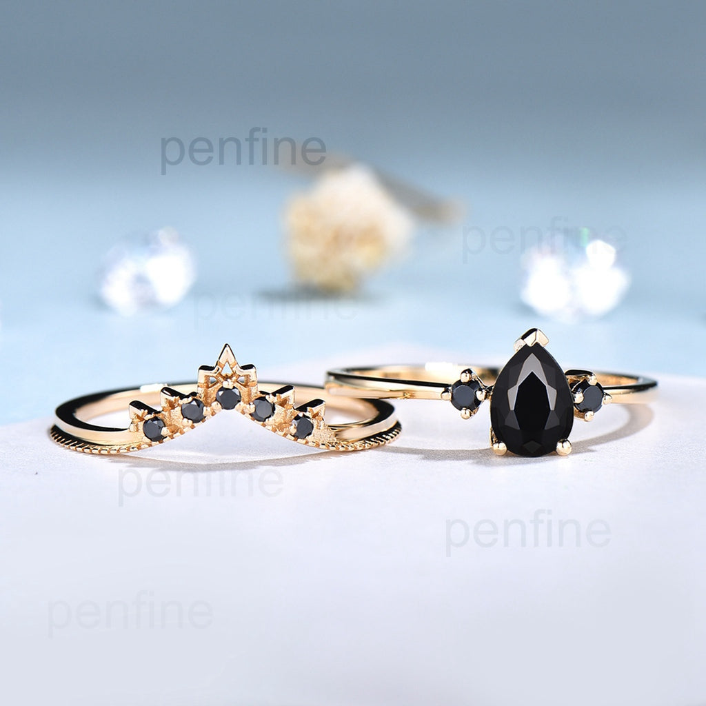 Dainty Vintage Pear black onyx engagement ring set Minimalist - PENFINE