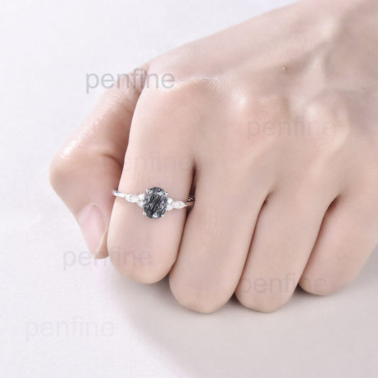 Oval Black Rutilated Quartz engagement ring