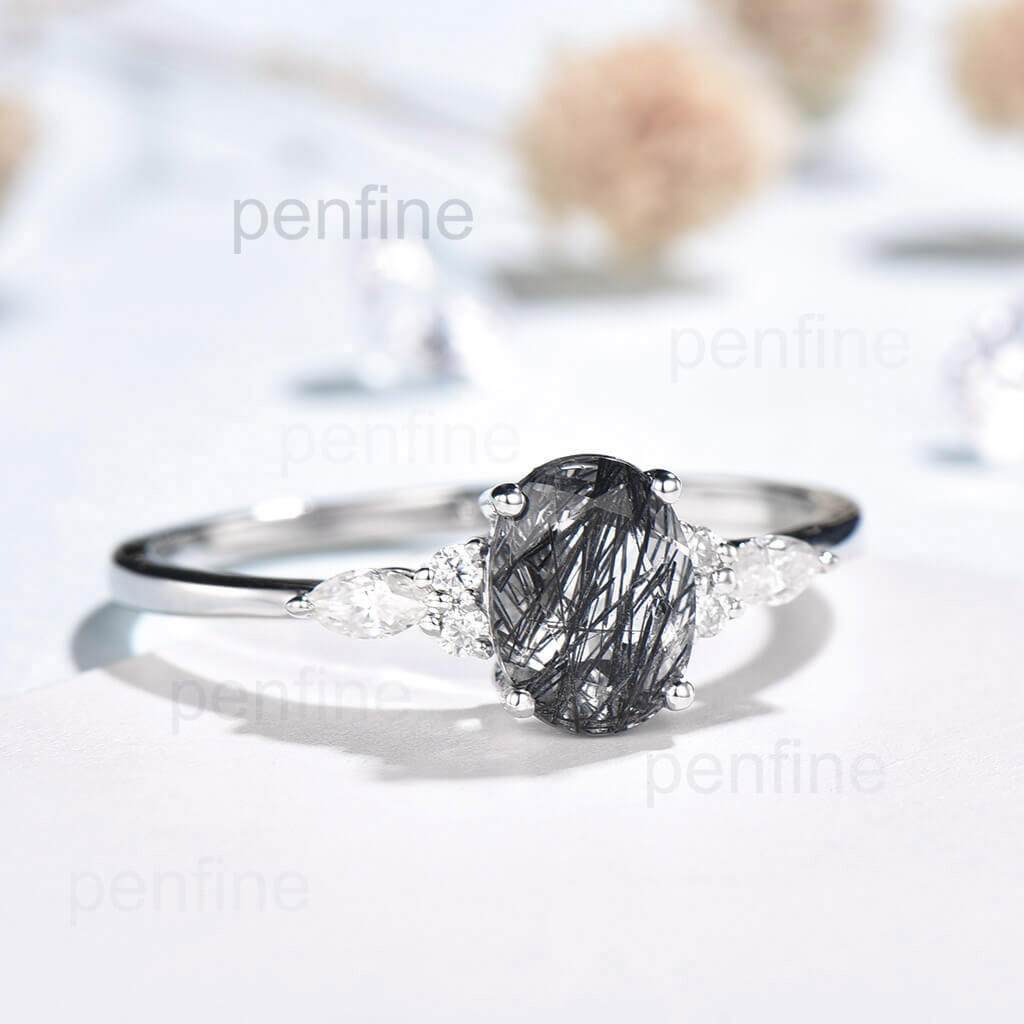 Oval Black Rutilated Quartz engagement ring