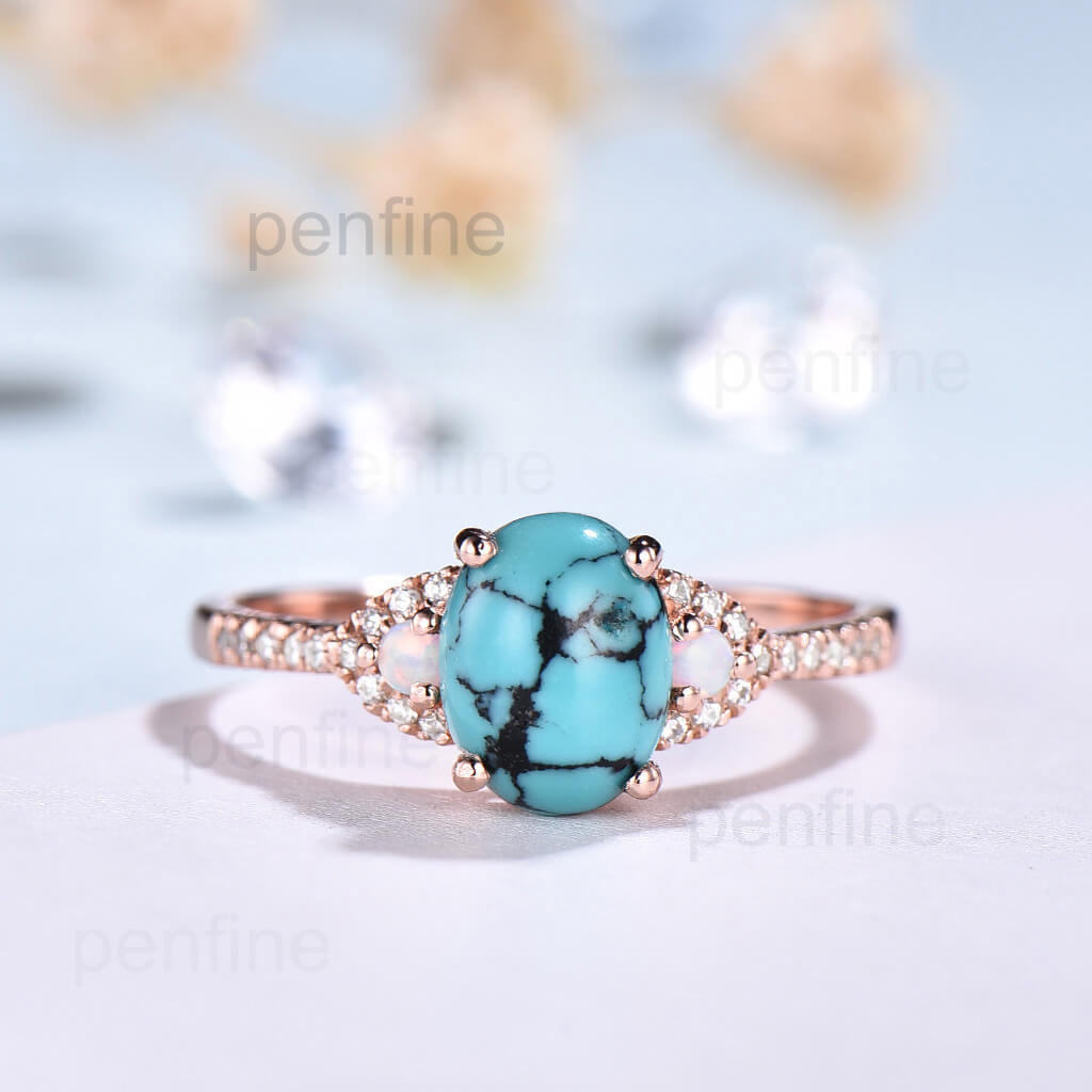 Vintage Turquoise Engagement Ring Opal Diamond Ring-y03 PenFine