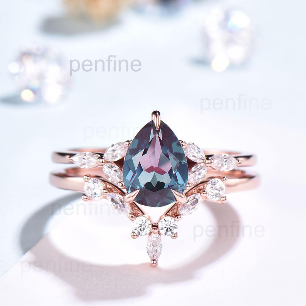 Nature Inspired Alexandrite Engagement Ring Set 10K/14K/18K Rose Gold 1.25ct Pear Shaped Leaf Solitaire hotsell Ring Alexandrite Leaves Wedding Ring