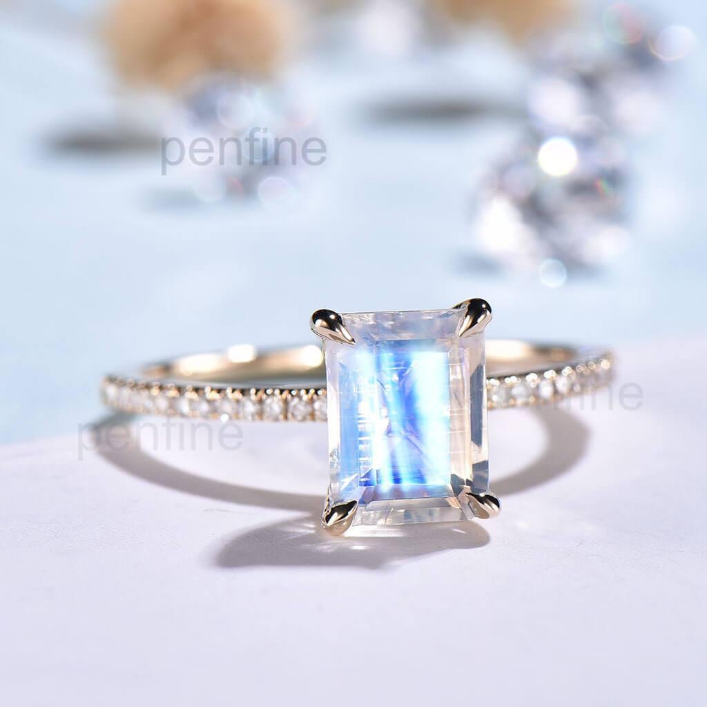 Emerald Cut Rainbow Moonstone Demi Diamond Engagement Ring