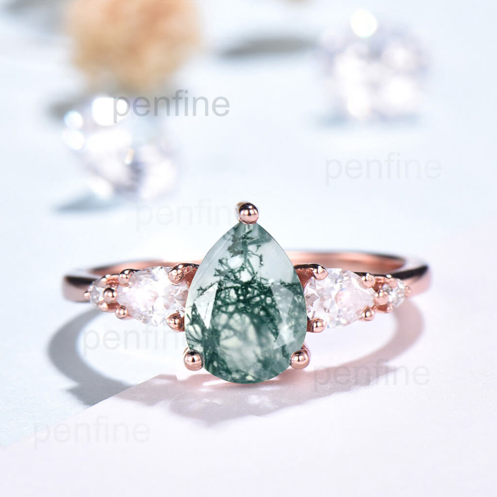 Unique Green Moss Agate Engagement Ring Five Stone