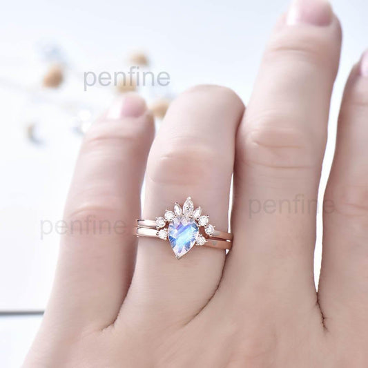 Three Stone Rainbow Pear Shaped Moonstone Elle Bridal Set - PENFINE