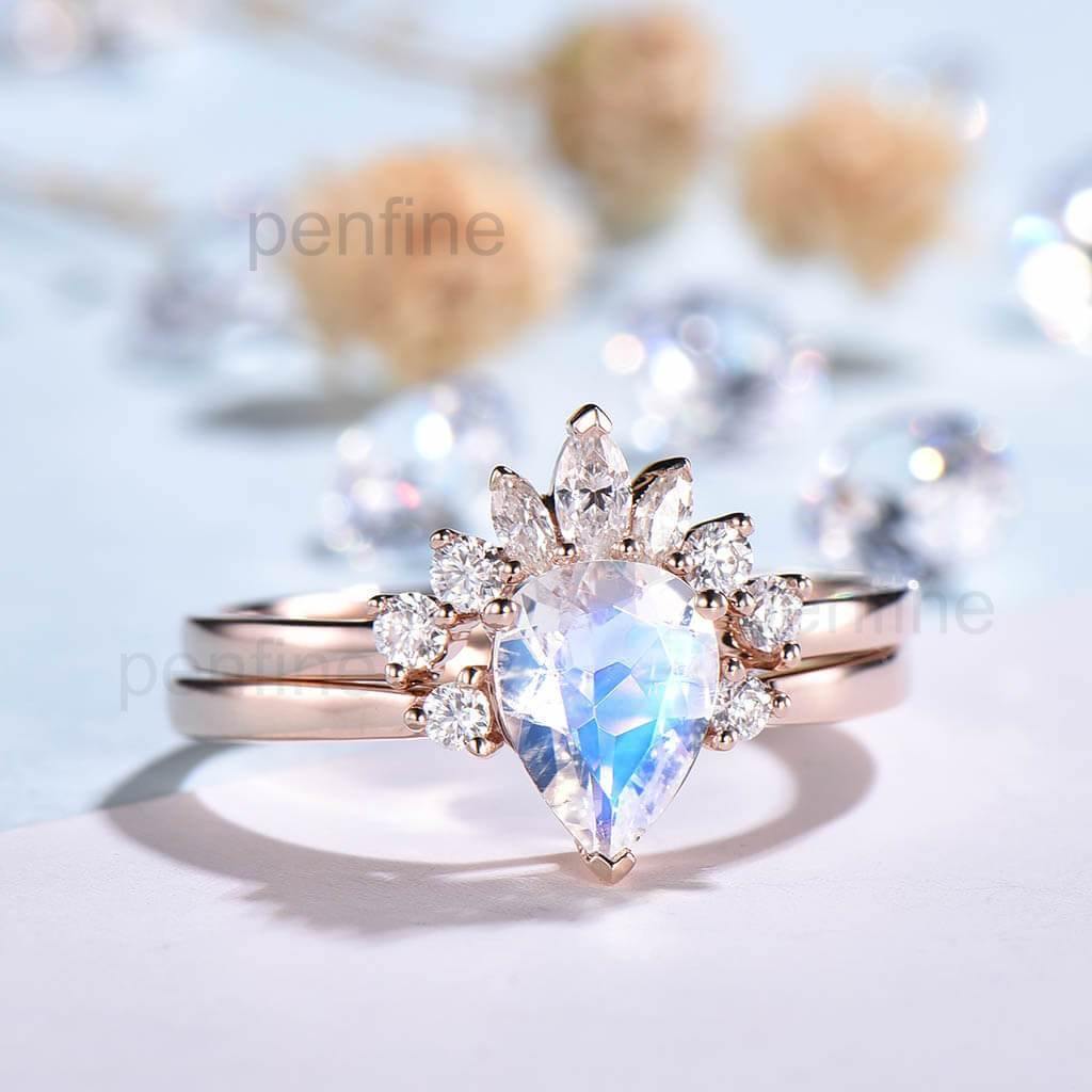 Rainbow Moonstone 3 Bridal Vintage Ring Set- Moonstone Round Prong