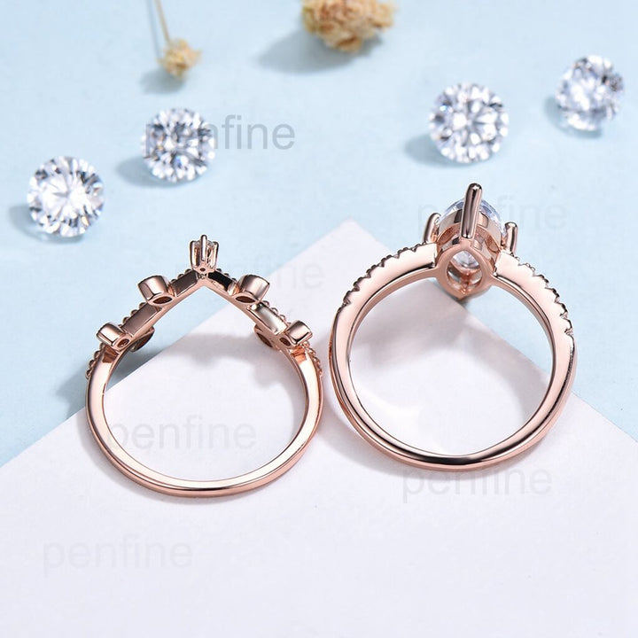 Marquise Cut Moissanite Ring Set / Petite Shared Prong Diamond Engagement Ring For Women / 14K 18K Gold Art Deco Milgrain Wedding Band - PENFINE