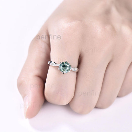 Infinity Moss Agate Engagement Ring Diamond White Gold 6 Prongs - PENFINE