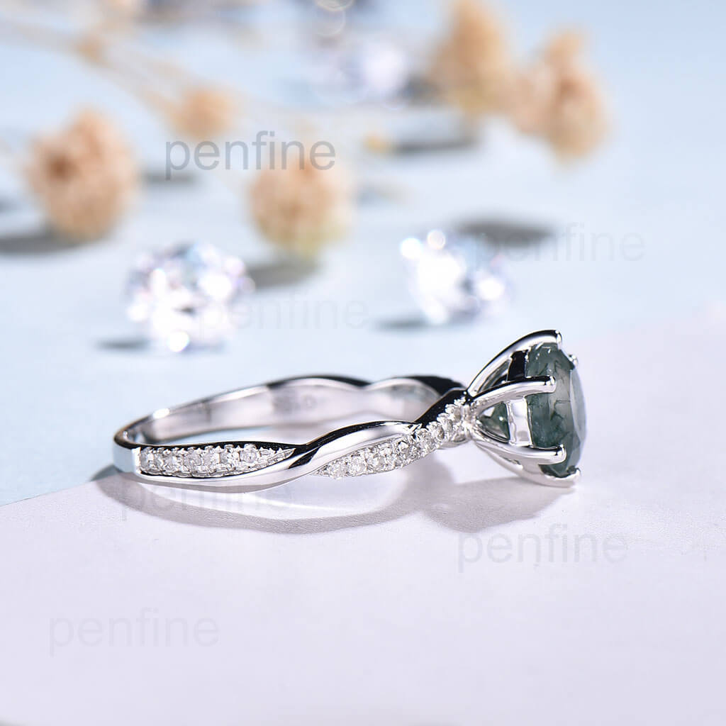 Infinity Moss Agate Engagement Ring Diamond White Gold 6 Prongs - PENFINE