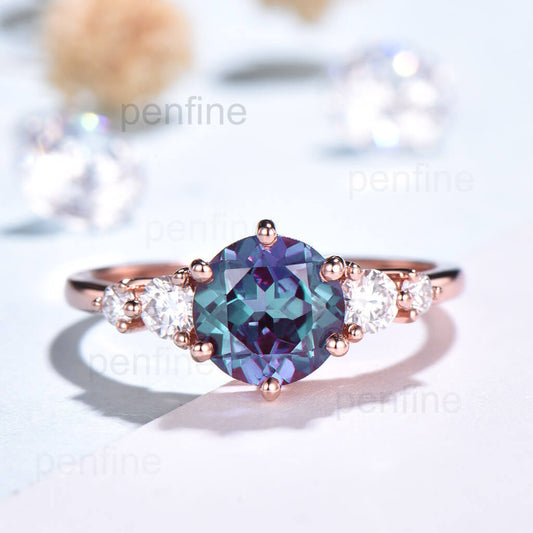 Unique Round Alexandrite Engagement Ring Five Stone Yde01 - PENFINE