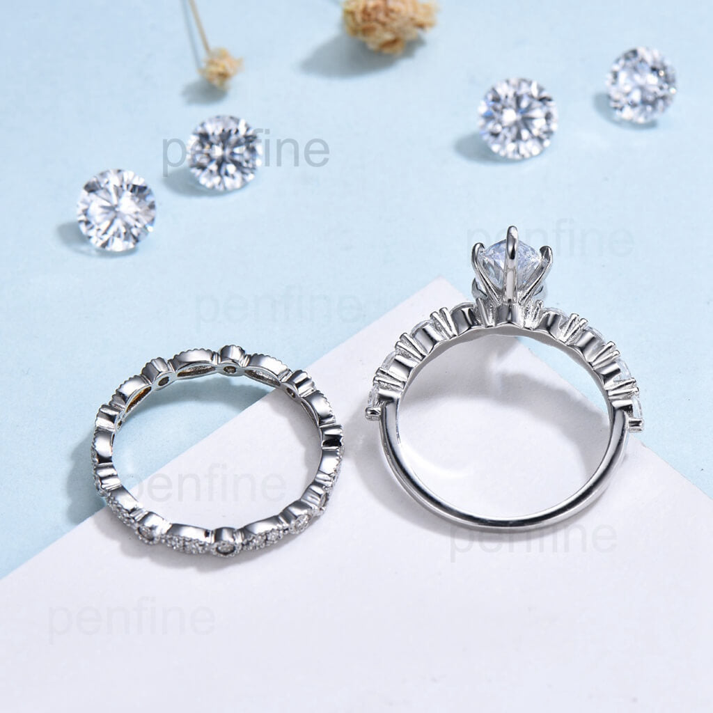 White Gold Marquise Moissanite Engagement Ring Set Minimalist Bridal Set For Women Milgrain Art Deco Full Eternity Wedding Band Promise gift - PENFINE