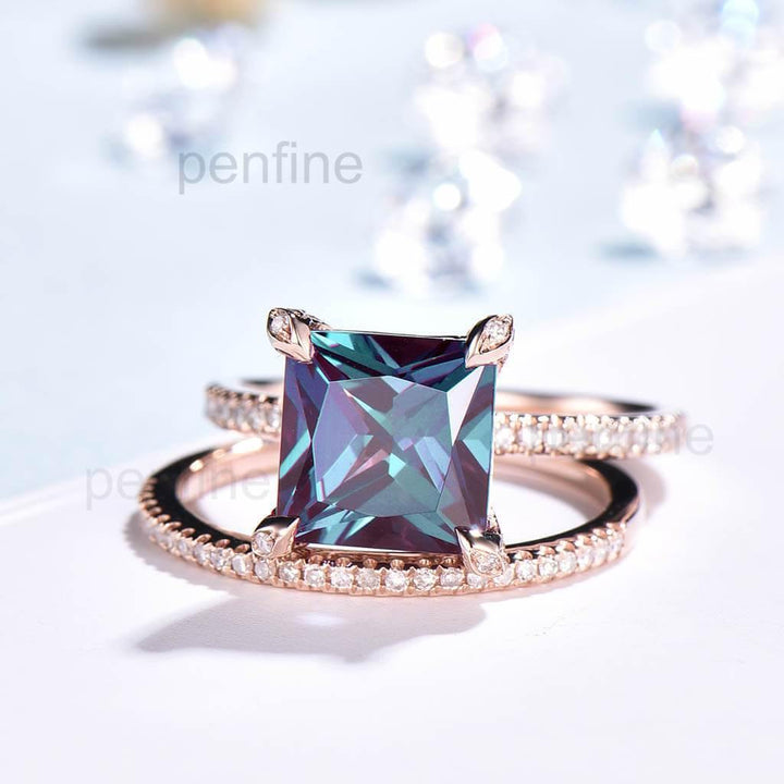 Princess Cut Alexandrite Diamond Engagement Ring Set Claw Prong 2pcs - PENFINE