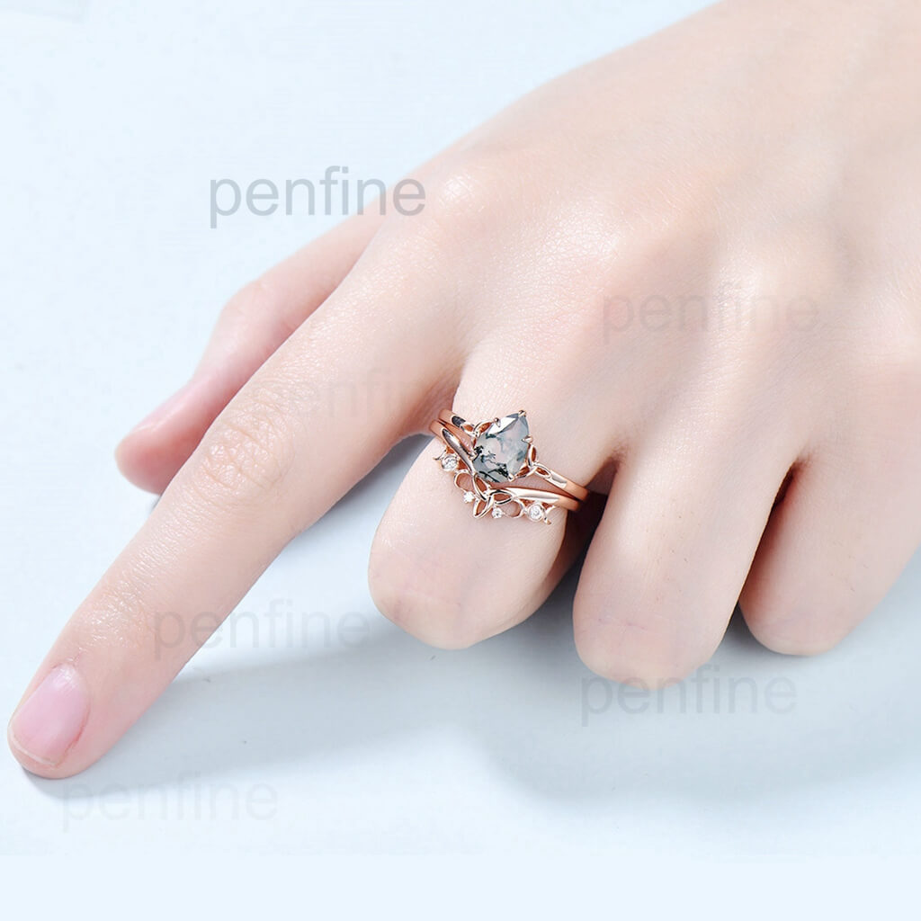 Celtic Knot Norse Viking Pear Moss Agate Engagement Ring Set