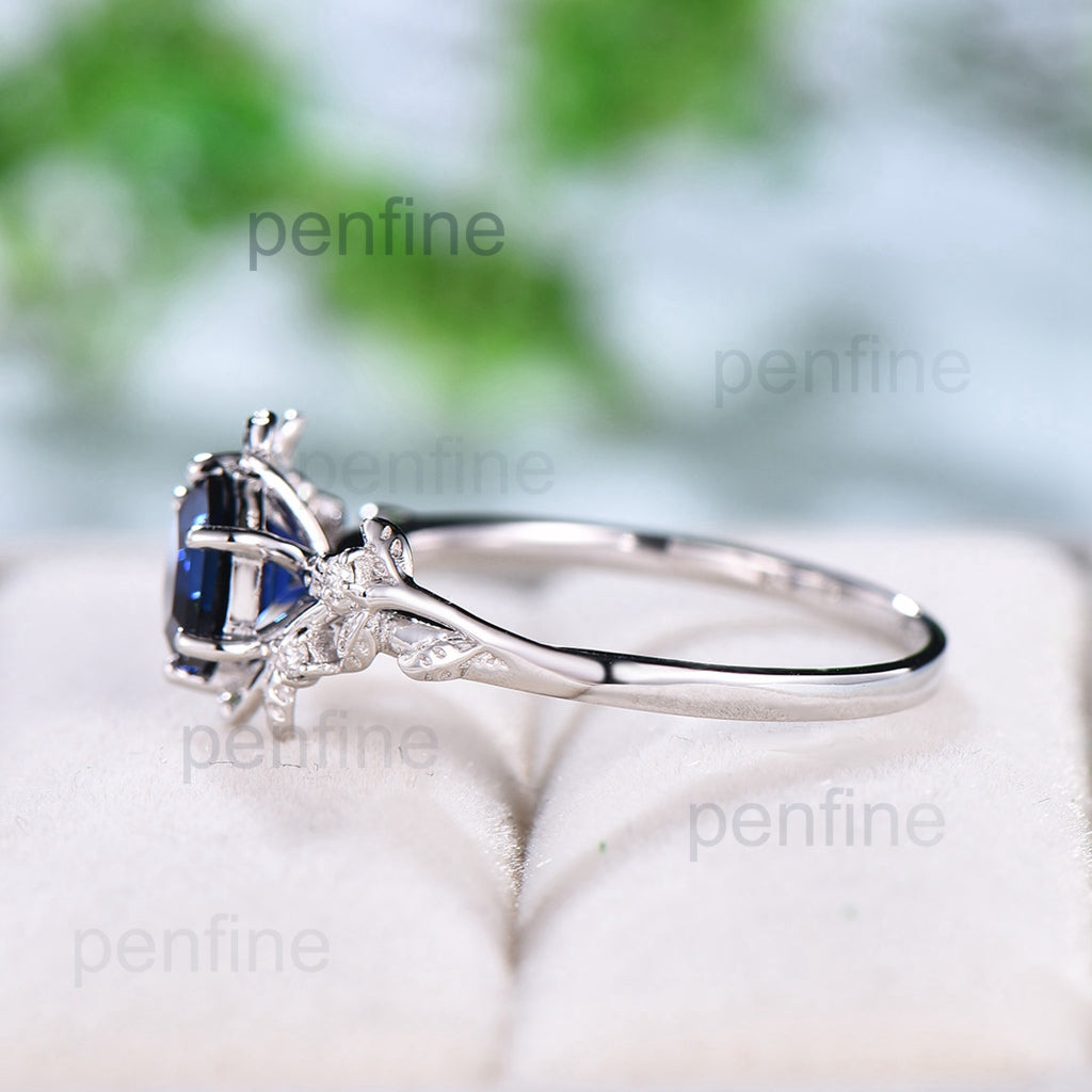 Leaf Flower Sapphire Engagement Ring Hexagon 1CT Unique Vintage Nature Inspired Sapphire Wedding Ring For Women Antique Anniversary Gift - PENFINE