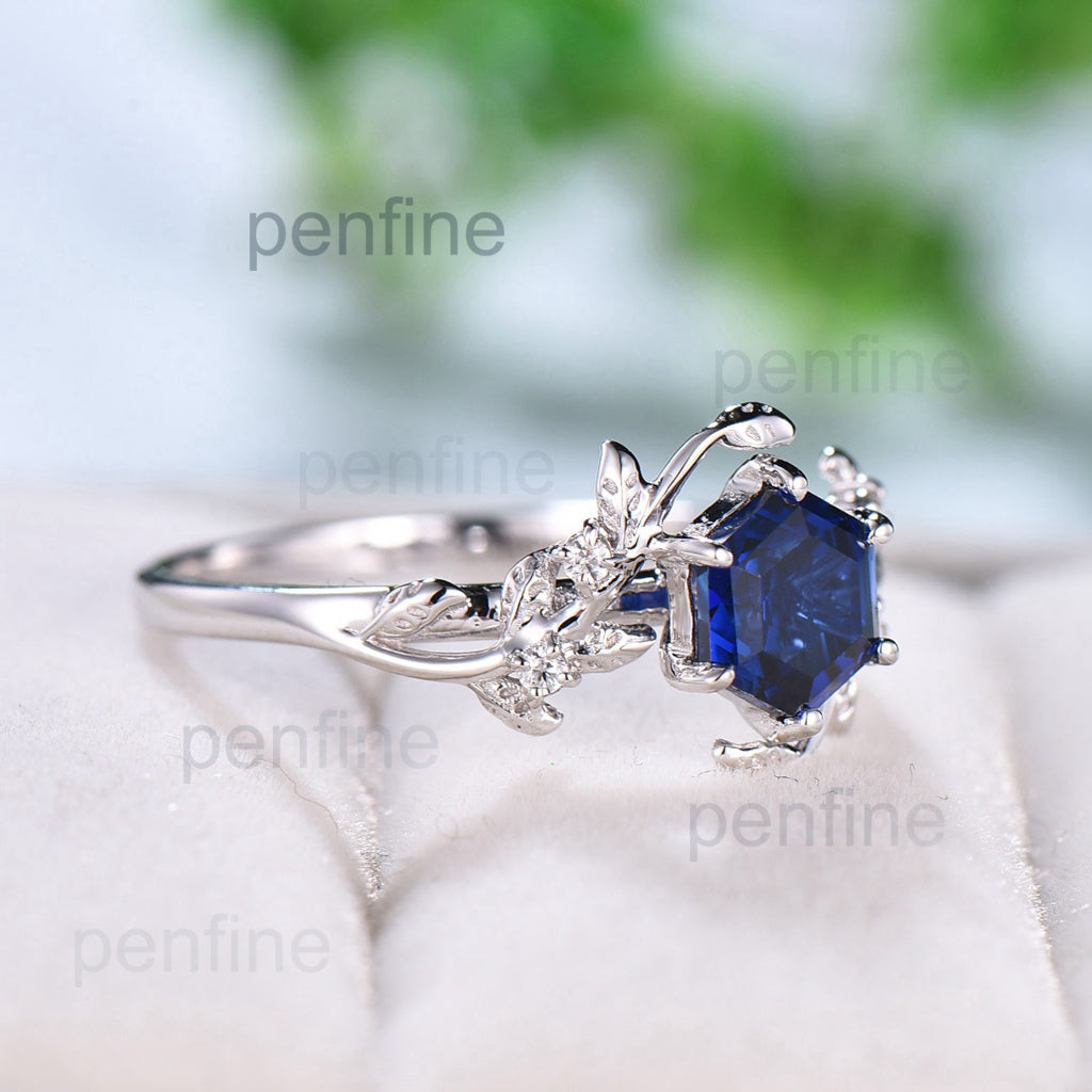 Leaf Flower Sapphire Engagement Ring Hexagon 1CT Unique Vintage Nature Inspired Sapphire Wedding Ring For Women Antique Anniversary Gift - PENFINE