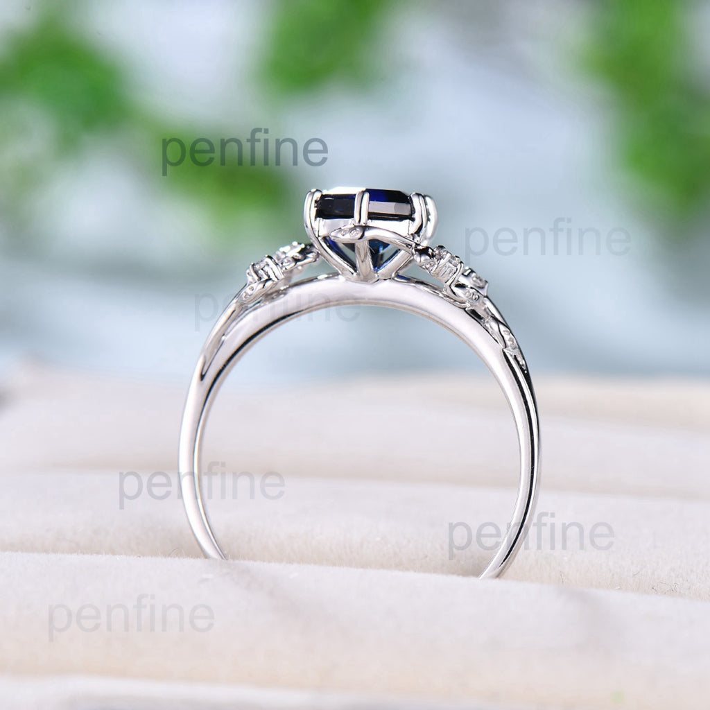 Leaf Flower Sapphire Engagement Ring Hexagon 1CT Unique Vintage Nature Inspired Sapphire Wedding Ring For Women Antique Anniversary Gift - PENFINE