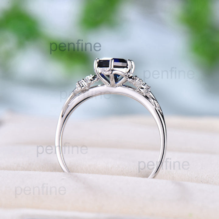 Leaf Flower Sapphire Engagement Ring Hexagon 1CT Unique Vintage Nature Inspired Sapphire Wedding Ring For Women Antique Anniversary Gift - PENFINE