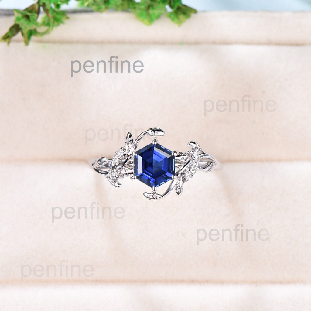 Leaf Flower Sapphire Engagement Ring Hexagon 1CT Unique Vintage Nature Inspired Sapphire Wedding Ring For Women Antique Anniversary Gift - PENFINE