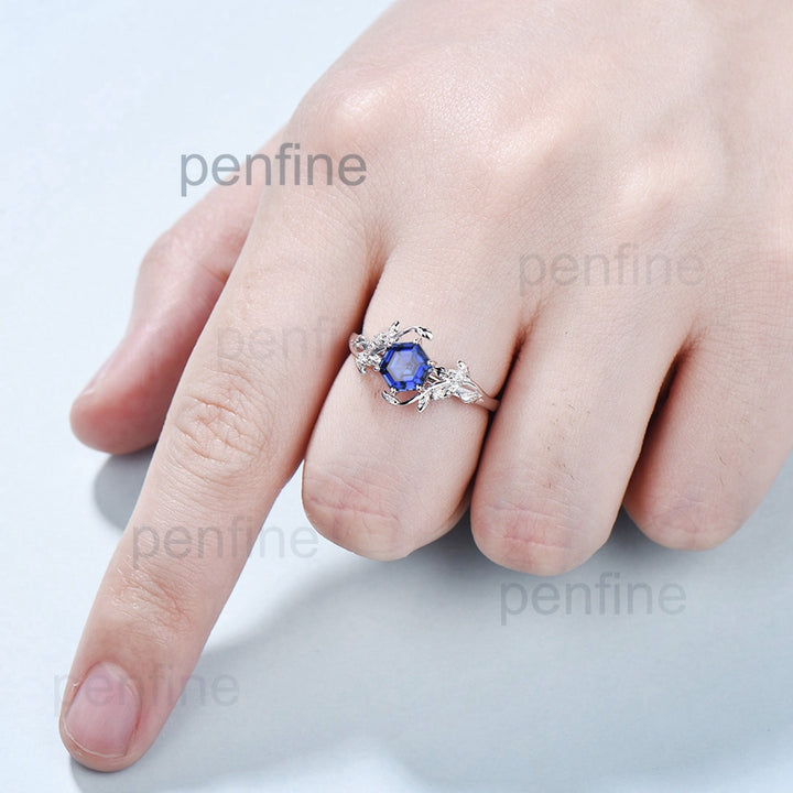 Leaf Flower Sapphire Engagement Ring Hexagon 1CT Unique Vintage Nature Inspired Sapphire Wedding Ring For Women Antique Anniversary Gift - PENFINE