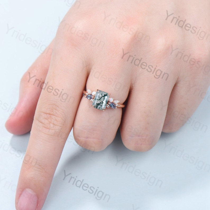 Emerald Cut Moss Agate Engagement Ring Rose Gold Alternative Alexandrite Opal Wedding Ring For Women Vintage Unique Cluster Anniversary Gift - PENFINE