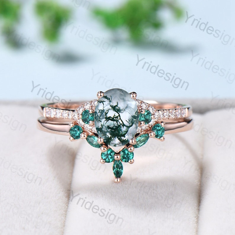Elegant moss agate ring set vintage green stones wedding ring women Unique moss agate engagement ring bridal set emerald anniversary gift - PENFINE