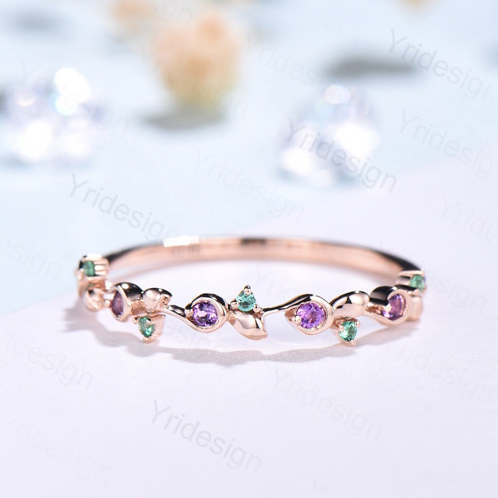 Dainty Queen Wedding Band Vintage Emerald And Amethyst Stacking Ring For Women Rose Gold Art Deco fianc??¡§?|e Wedding Ring Anniversary Gift - PENFINE