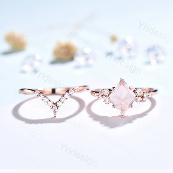 Unique Rose Quartz Engagement Ring Set Rhombus Shape Rose Gold Pink Quartz Wedding Ring Set, Nature Inspired Ring, Art Deco Wedding Band V - PENFINE