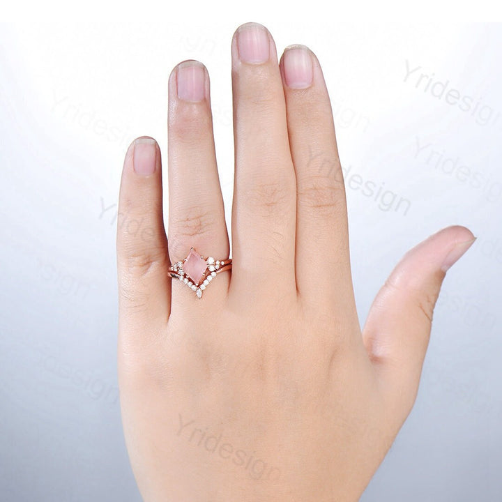 Unique Rose Quartz Engagement Ring Set Rhombus Shape Rose Gold Pink Quartz Wedding Ring Set, Nature Inspired Ring, Art Deco Wedding Band V - PENFINE