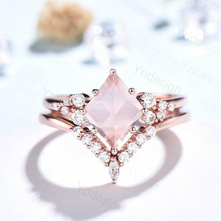 Unique Rose Quartz Engagement Ring Set Rhombus Shape Rose Gold Pink Quartz Wedding Ring Set, Nature Inspired Ring, Art Deco Wedding Band V - PENFINE