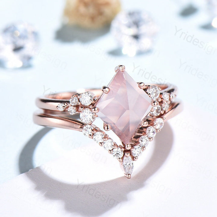 Unique Rose Quartz Engagement Ring Set Rhombus Shape Rose Gold Pink Quartz Wedding Ring Set, Nature Inspired Ring, Art Deco Wedding Band V - PENFINE