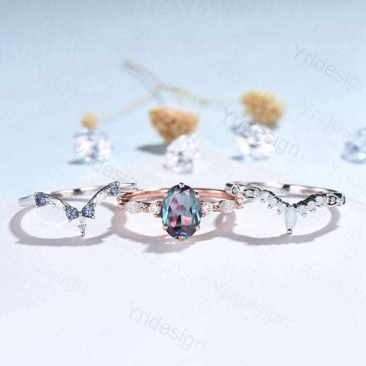 Unique alexandrite engagement ring set | Vintage rose gold wedding set | Art deco gold opal alexandrite stacking ring | 6 Prongs bridal set - PENFINE