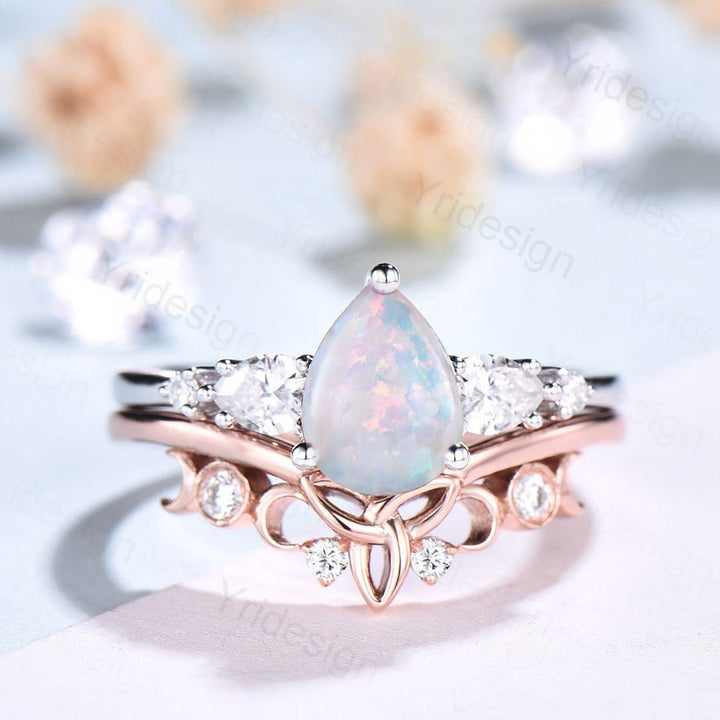 Vintage opal ring gold women unique pear shaped fire white opal engagement ring set moissanite ring art deco crown wedding ring set - PENFINE