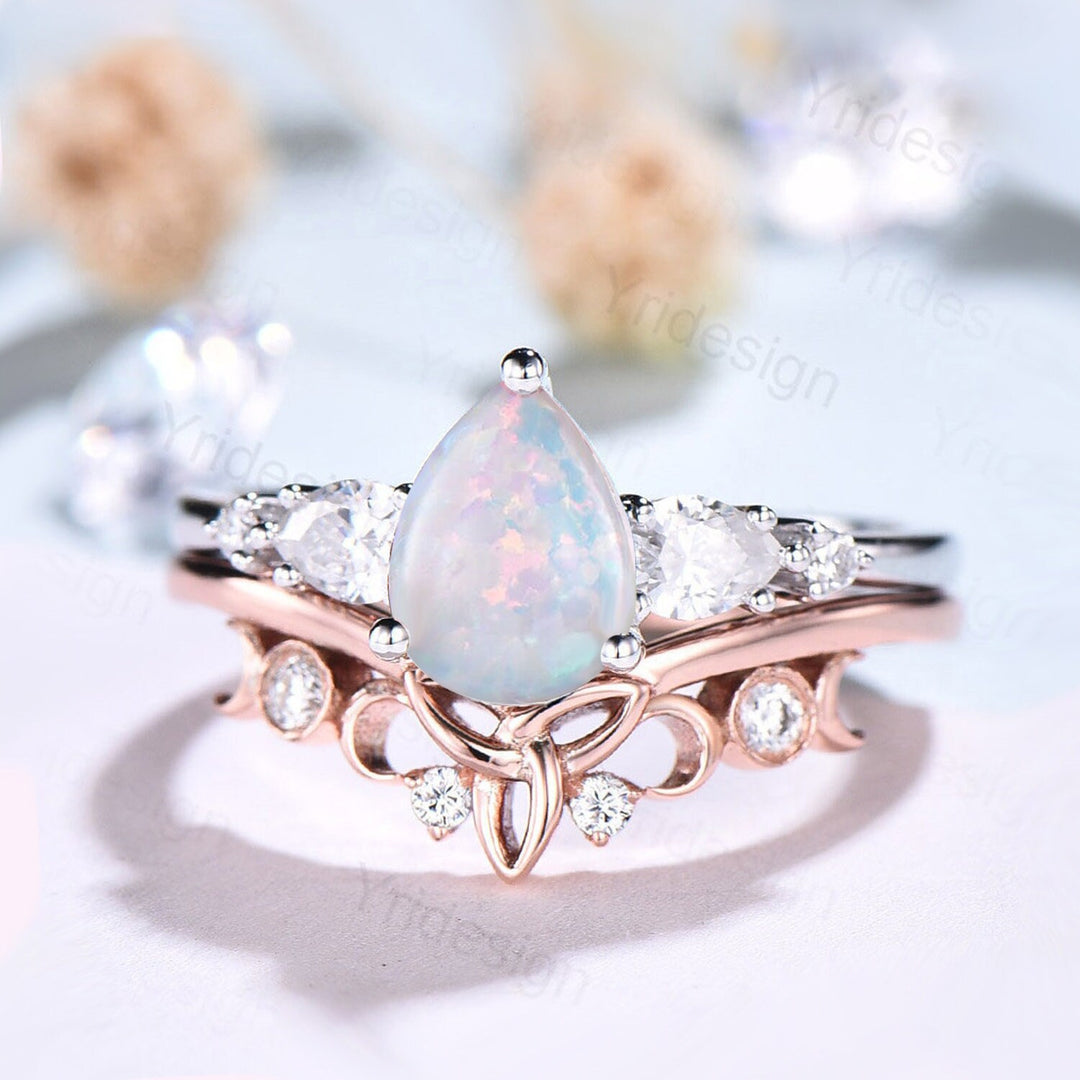 Vintage opal ring gold women unique pear shaped fire white opal engagement ring set moissanite ring art deco crown wedding ring set - PENFINE