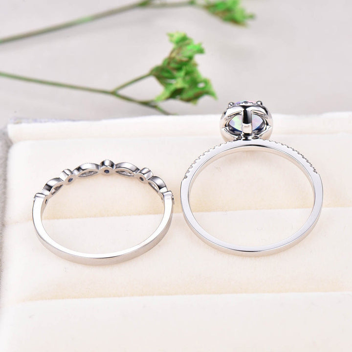 Oval White Fire Opal Engagement Ring Set White gold diamond halo ring antique sapphire wedding ring set October birthstone bridal ring set - PENFINE