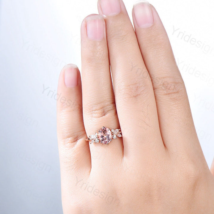 Oval morganite engagement ring | Vintage Rose gold wedding ring | Unique Delicate Moissanite/diamond Ring | Anniversary wedding ring - PENFINE