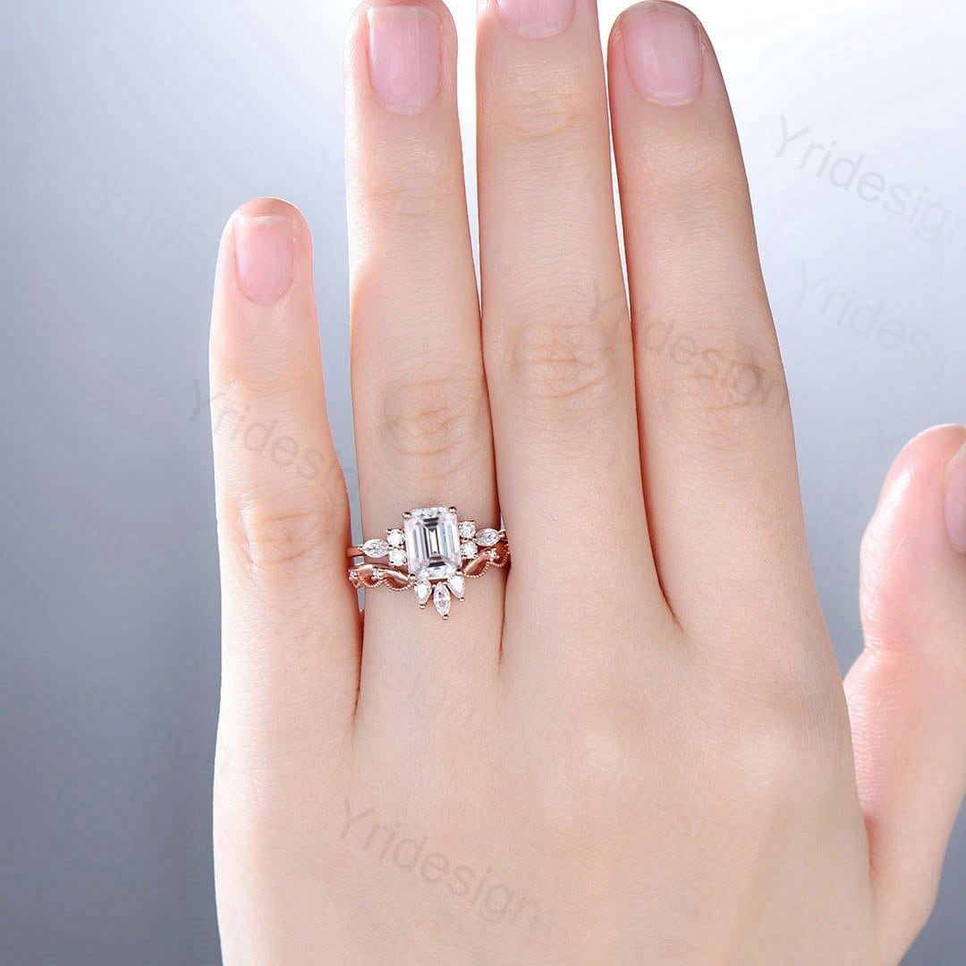Handmade Custom Bridal Set/ 2Pcs 6x8mm Emerald Cut Moissanite Engagement Ring Set/ Vintage Wedding Promise Ring / Stacking Rings - PENFINE