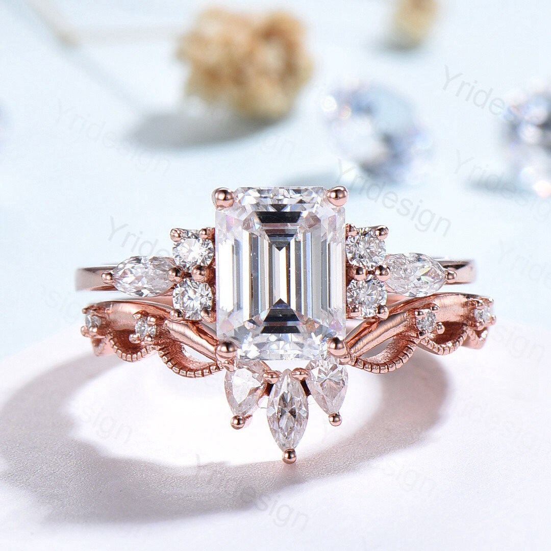 Handmade Custom Bridal Set/ 2Pcs 6x8mm Emerald Cut Moissanite