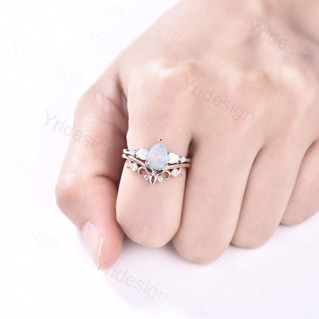 Vintage opal ring gold women unique pear shaped fire white opal engagement ring set moissanite ring art deco crown wedding ring set - PENFINE